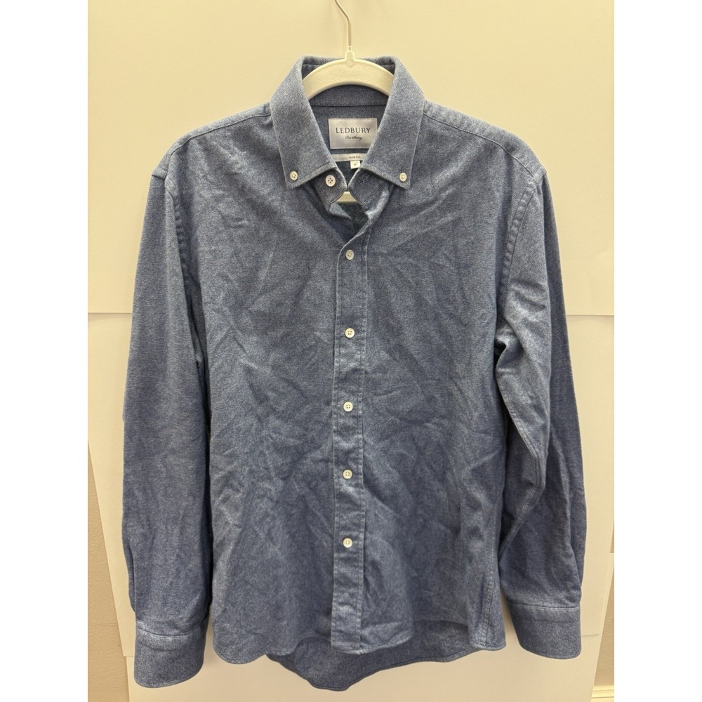 Ledbury Mens Button-Down Long Sleeve Shirt Slim Fit Size M Blue Solid Cotton